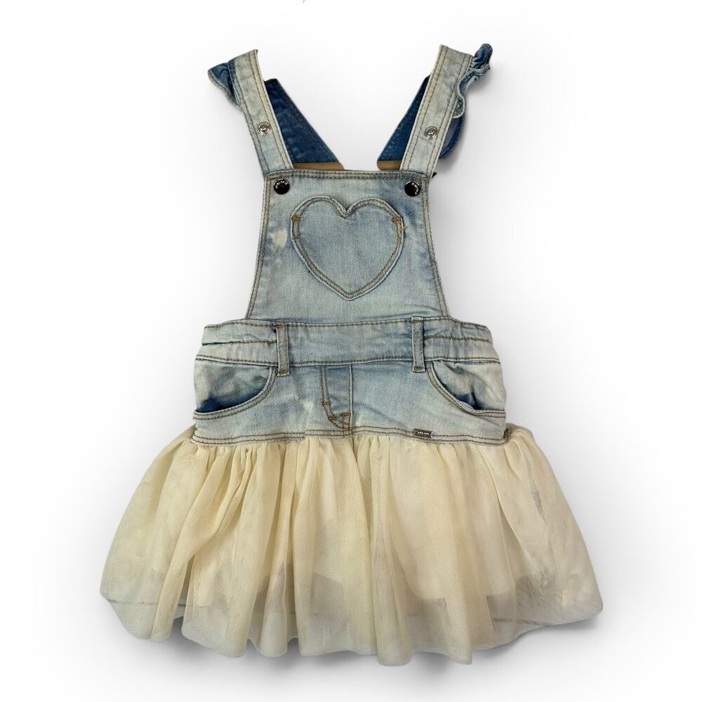 Mayoral Baby Girl Denim Overall Tutu Dress Heart Pocket Tulle Skirt Size 18M